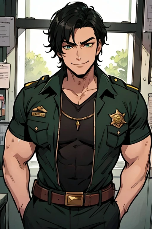 A muscular black haired man with green eyes in a sheriff's outfit is working in the sheriff's office with a big smile