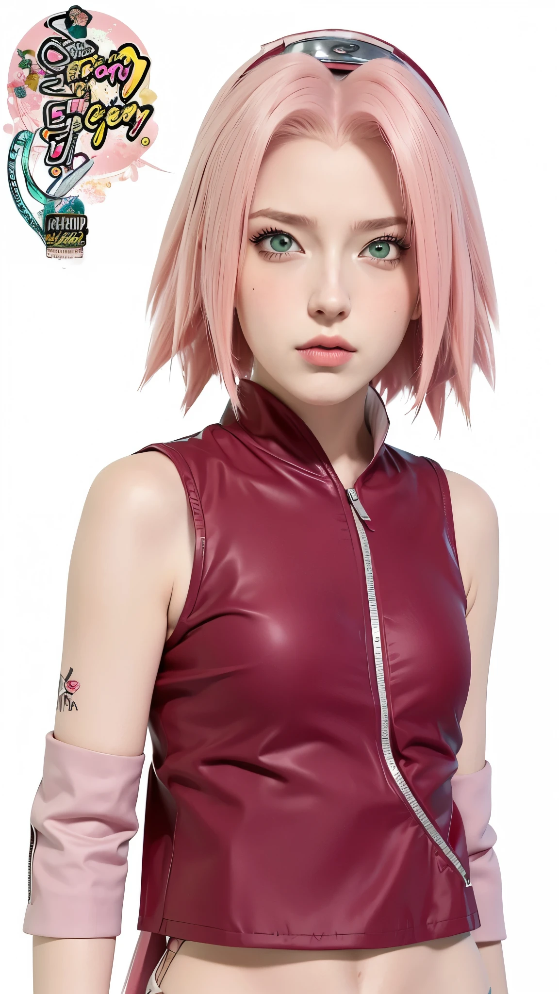 young woman, porcelain skin, long bubblegum pink hair, big pink lips, big emerald green eyes, pink eyebrows, red clothes, Sakura Haruno, 3d, realism, 8k