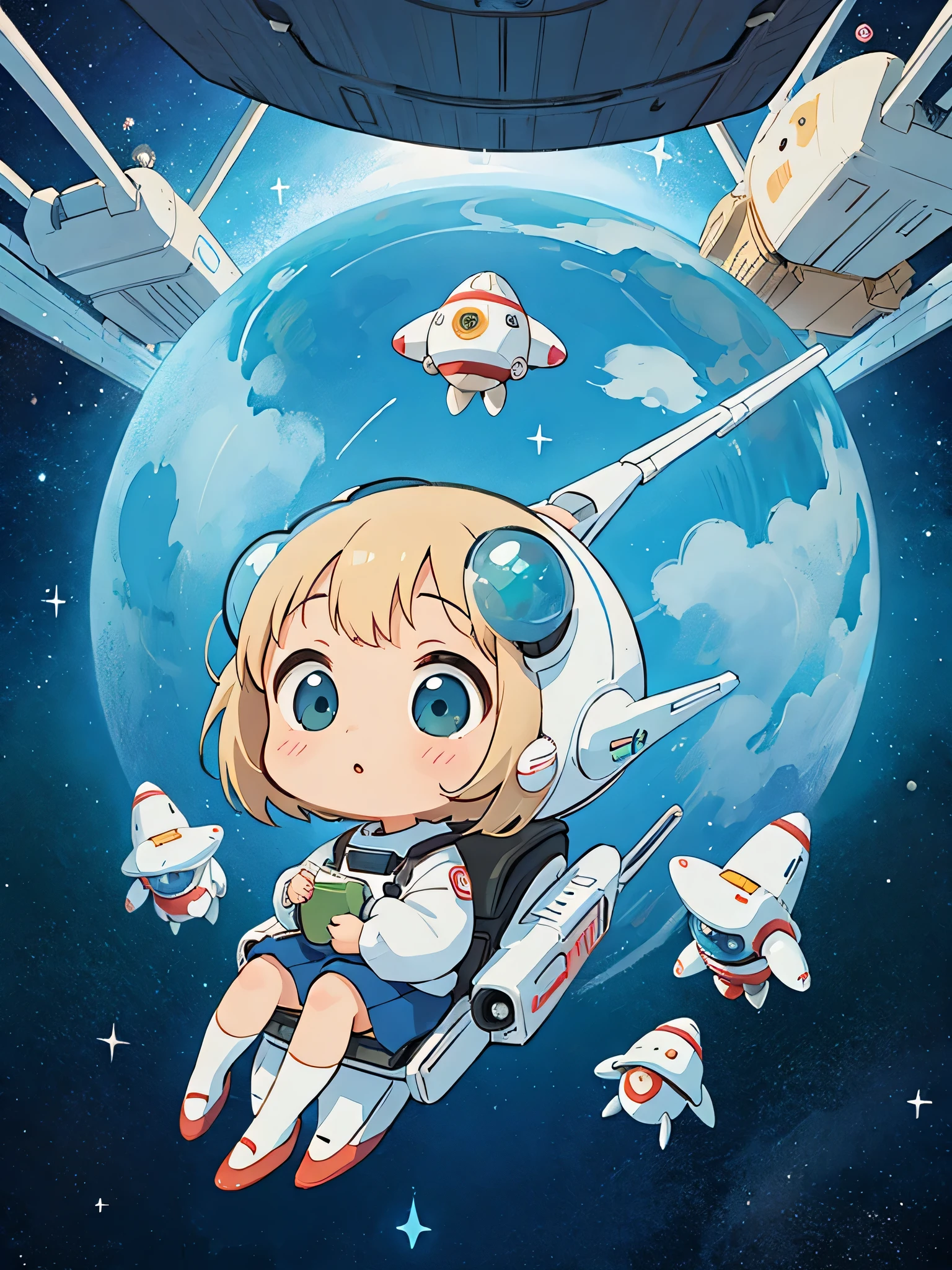 hayao miyazaki style, Kawaii Design, The most beautiful girl of all time、chibi, (((spaceship))) , Space Travel