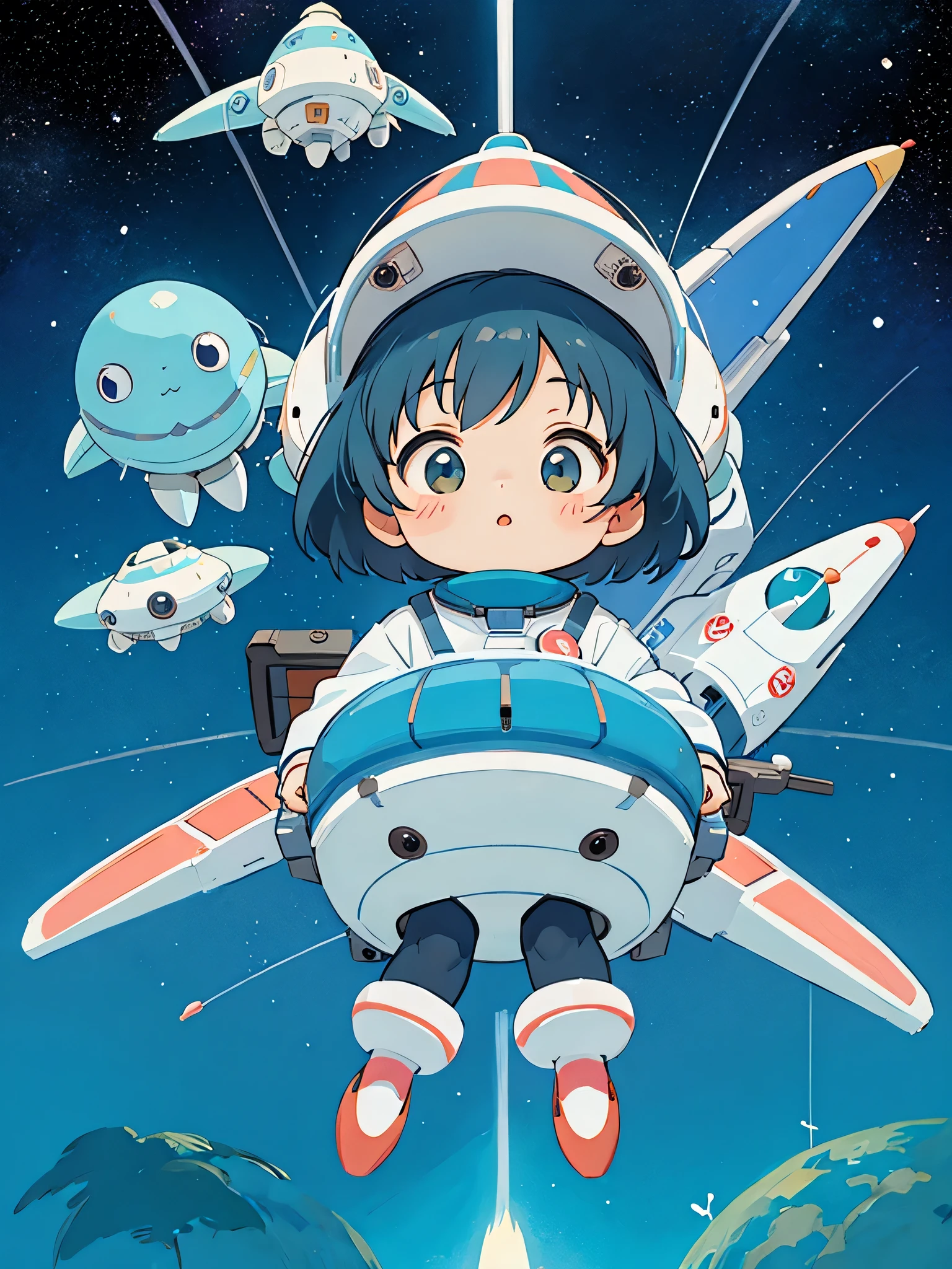 hayao miyazaki style, Kawaii Design, The most beautiful girl of all time、chibi, (((spaceship))) , Space Travel