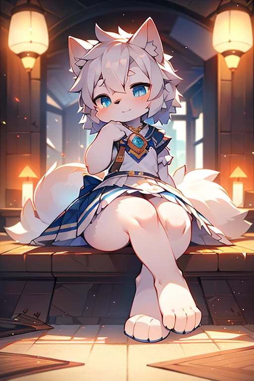 （(shy)），short white haired,( big blue eyes),anthropomorphic sitting furry little wolf,((full body furry)), cute,(head bust close-up),Beautiful lights and shadows,delicate eyes,were white skirt，8k, highres, masterpiece, usharp focus, extreme detail description, professional, vivid colors, bokeh