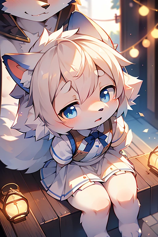 ((shy)),short white haired,( big blue eyes),anthropomorphic sitting furry little wolf,((full body furry)), cute,(head bust close-up),Beautiful lights and shadows,delicate eyes,were white skirt,8k, highres, masterpiece, usharp focus, extreme detail description, professional, vivid colors, bokeh