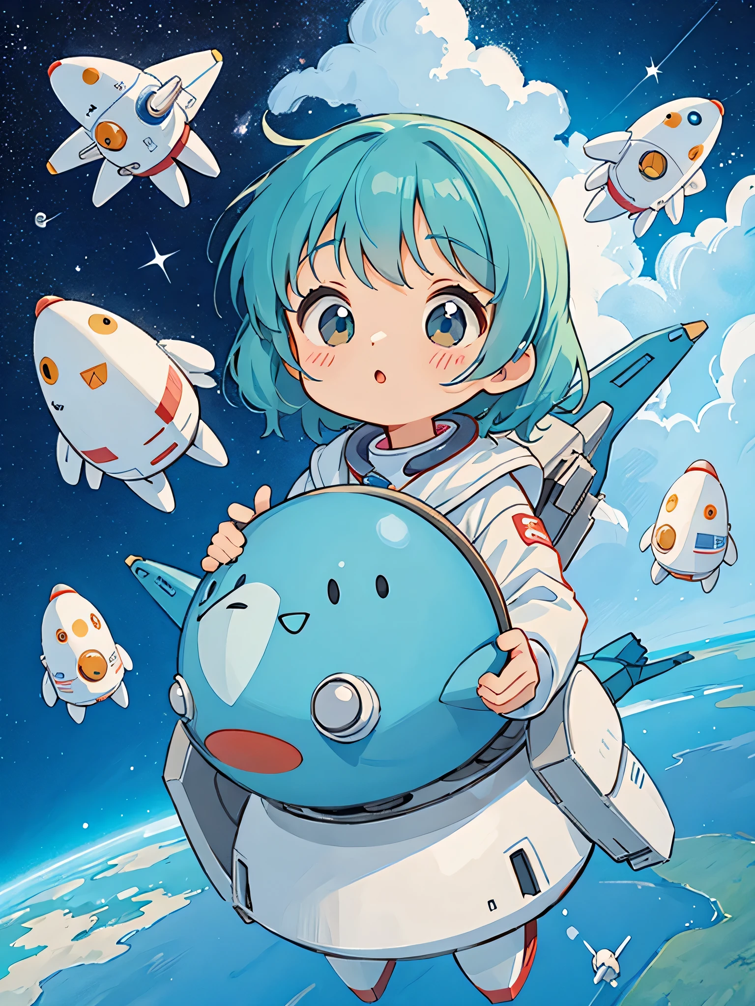 hayao miyazaki style, Kawaii Design, The most beautiful girl of all time、chibi, (((spaceship))) , Space Travel