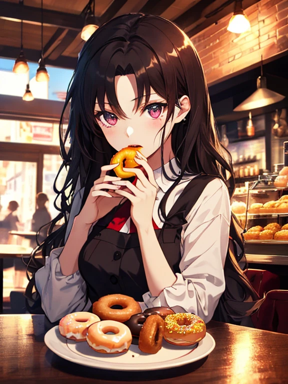 (Eating Donuts), (The background is a cafe), Tohsaka Rin, (masterpiece), highest quality, 1girl, uhd, retina, masterpiece, ccurate, anatomically correct, textured skin, super detail, high details, high quality, best quality, highres, 4K