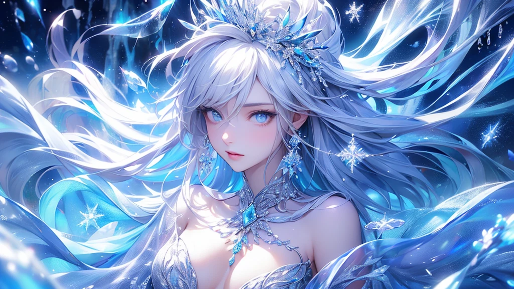 (2/3 body photo:1.5)wood, Exquisite mini ice spikes and crystals, Frozen waterfall in the background, Light reflected by ice crystals, Flowing snowflakes.1 girl, Beautiful woman、pretty girl,A realistic person,Beautiful cleavage,((small breasts))
