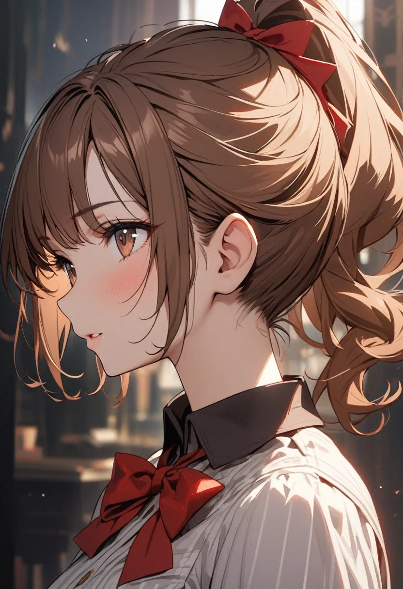 girl, brown hair, brown eyes, ponytail, red bow, beautiful, high detail