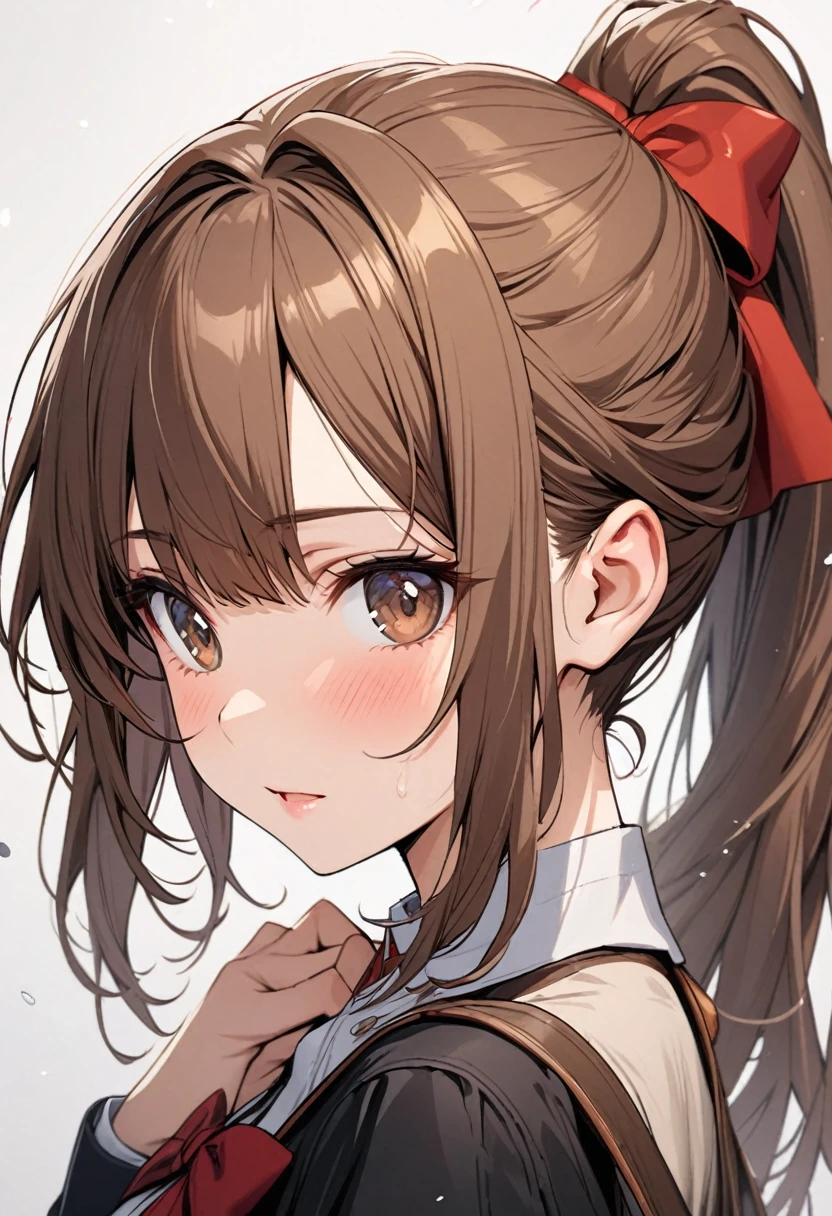 girl, brown hair, brown eyes, ponytail, red bow, beautiful, high detail