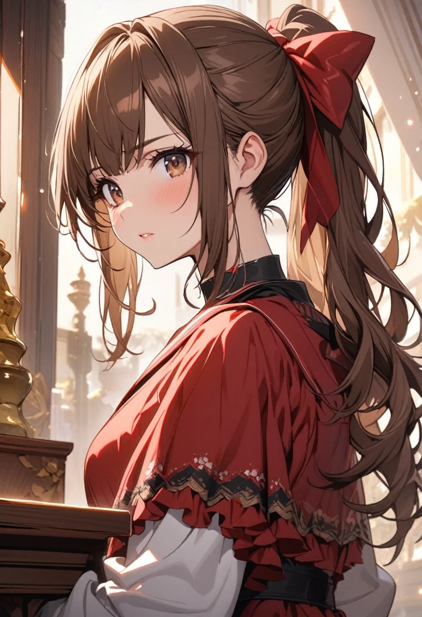 girl, brown hair, brown eyes, ponytail, red bow, beautiful, high detail