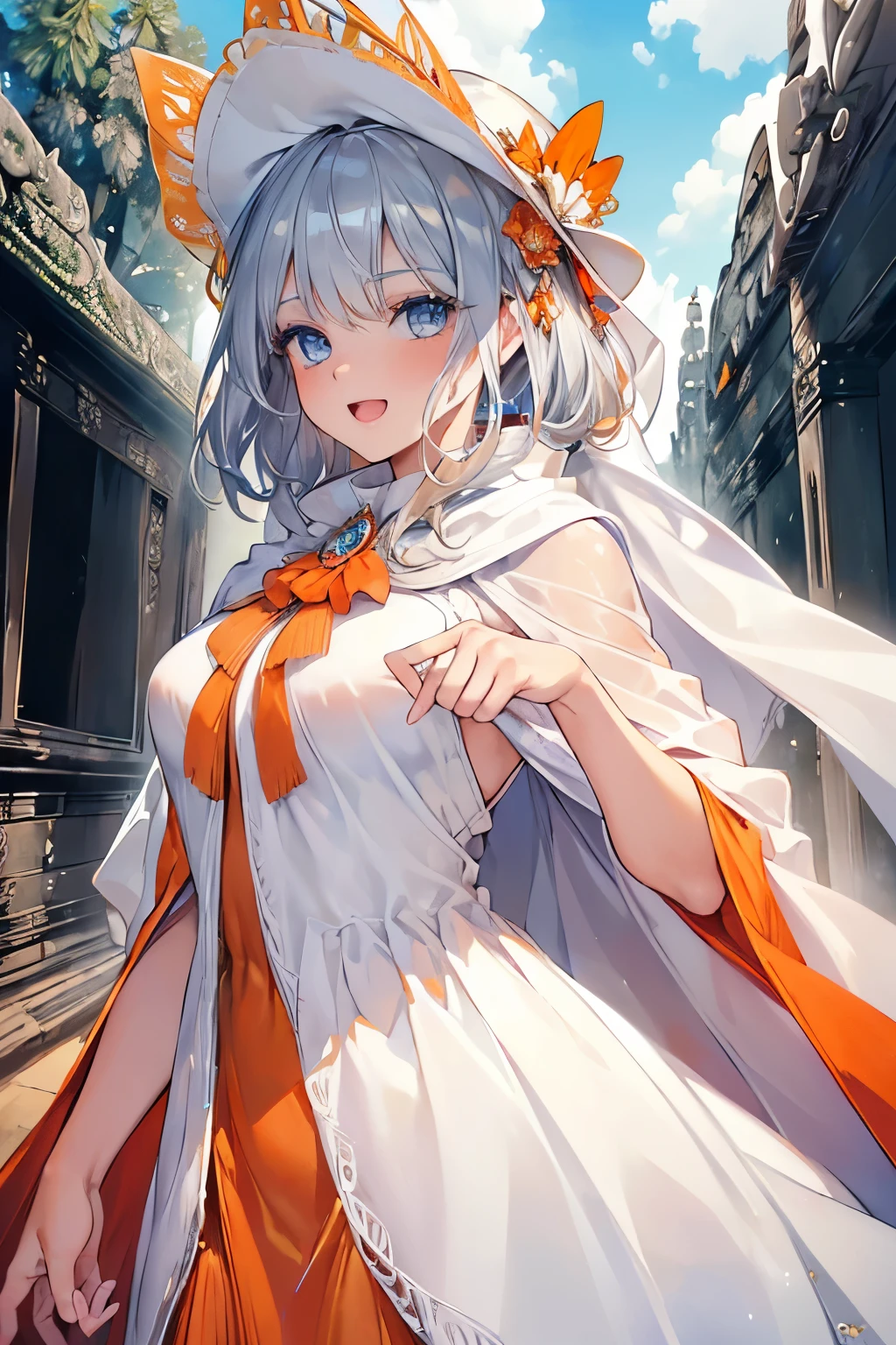 (Best quality,4K,8K,High resolution,Masterpiece:1.2),Super detailed,(Actual, Realistic),
break,
((Beautiful clear blue eyes:1.2)),very kind eyes,eyes wide open,beautiful eyelashes,beautiful lower eyelashes,
break,
((Beautiful and shiny silver hair:1.3)),A dazzling smile, a bursting smile, an open mouth laugh,
break,
((orange dress:1.3)),stylish summer sun hat,((white cape shawl:1.3))
break,
very happily,((bust shot)),zoom in,((Angkor Wat:1.3))