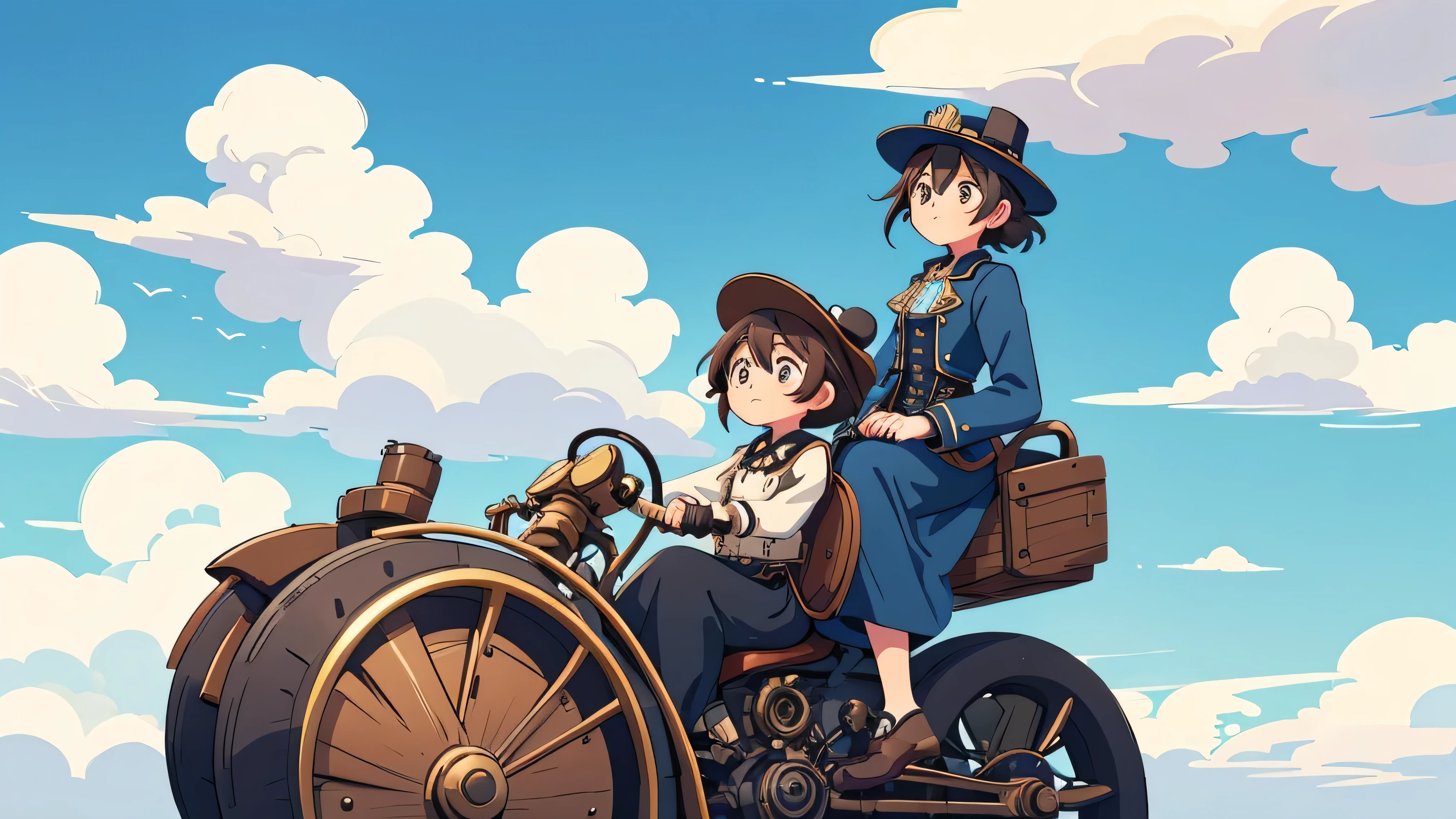 Steampunk。One Girl。Steampunk風の女子高生。Classic bike ride。Ride through a Victorian town。Dynamic Angle。Blue sky and white clouds in the background。