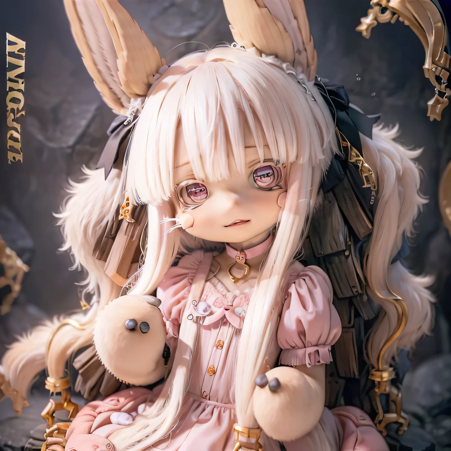 in the garden, Smiling girl, Similar to Nanachi from Made in Abyss. She is beautiful, Beautiful eyes and lips. girl (((Chibi Style,))) . Image quality is excellent, Highly detailed and realistic features. The medium of this work is、Combining illustration and photorealistic rendering.. The colors are vivid、The lighting creates a warm and bright atmosphere。 whole body(((((Cute pink dress)))))Contrasting cute poses