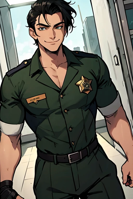 A muscular black haired man with green eyes in a sheriff's outfit is working in the sheriff's office with a big smile