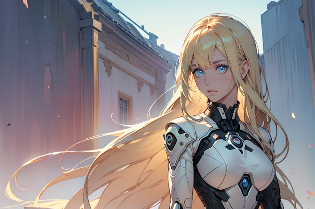 Photorealistic:1.5, Beautiful woman , extremely long hair , blonde hair , green eyes , (masterpiece:1.3), (best quality:1.3), high-resolution, watercolor pencil, Head-on angle, upper body, Body facing forward, (upright:1.3), (arms at sides:1.3), solo, blue eyes, beautiful detailed eyes, Futuristic clothing, mechanical suit, (white background:1.2), simple background, concept art, shadow lighting, beautiful detailed glow, best illuminate, (((best quality, textile shading, ultra detailed))), extremely detailed CG unity 8k wallpaper, Highly Detailed beautiful and aesthetic, best light, high resolution, detailed, dynamic lighting, 1Character,  pastel washed out colors , cell shade , soft, muted shades ,gentle colors ,