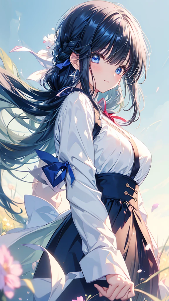 One girl, Long Hair, blue eyes, Closed eyes, High resolution, Highest quality, bangs, Double braid, Large Breasts, Earrings, Simple Background, ribbon, anime, anime風, happiness/joy,Symmetrical,