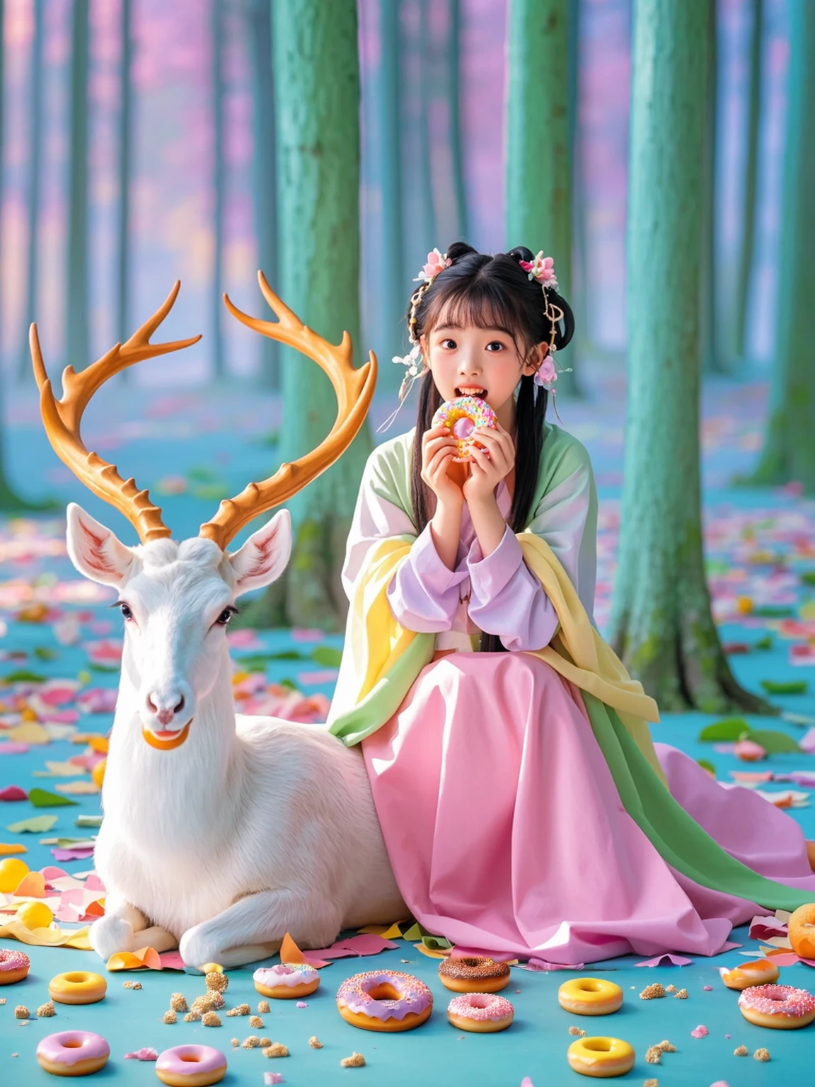 Surreal photos,Nine-Colored Deer Guardian,High-resolution photos,The beautiful nine-colored deer in mythology,A peaceful and dreamy scene,A in Hanfu sits next to a mysterious nine-colored deer,(((Eating donuts))),Donut crumbs fell on the ground,Bitten donut,Detailed donut eating action,The little girlte,Detailed facial details,The background is a magical forest full of spirituality,Create a soft and ethereal atmosphere。The overall composition is beautiful
