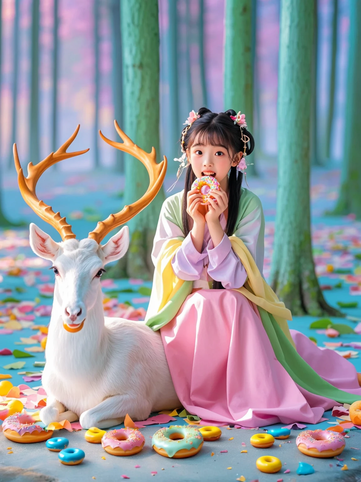 Surreal photos，Nine-Colored Deer Guardian，High-resolution photos，The beautiful nine-colored deer in mythology，A peaceful and dreamy scene，A little girl in Hanfu sits next to a mysterious nine-colored deer，(((Eating donuts)))，Donut crumbs fell on the ground，Bitten donut，Detailed donut eating action，The little girl is very cute，Detailed facial details，The background is a magical forest full of spirituality，Create a soft and ethereal atmosphere。The overall composition is beautiful