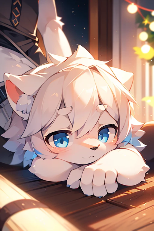 （(shy)），short white haired,( big blue eyes),anthropomorphic sitting furry little wolf,((full body furry)), cute,(head bust close-up),Beautiful lights and shadows,delicate eyes,were white skirt，8k, highres, masterpiece, usharp focus, extreme detail description, professional, vivid colors, bokeh