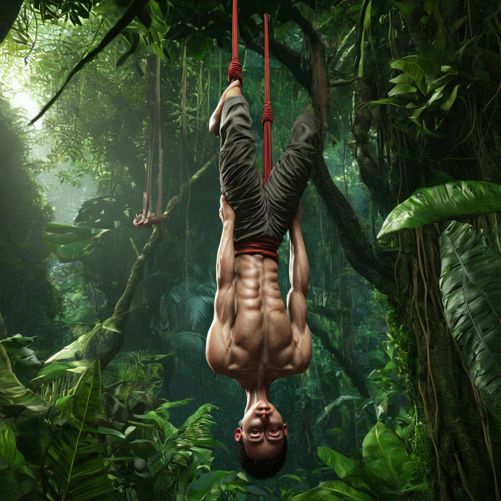 human bodies, hanging upside down in the jungle, ultrarealistic, highly detailed, 4k