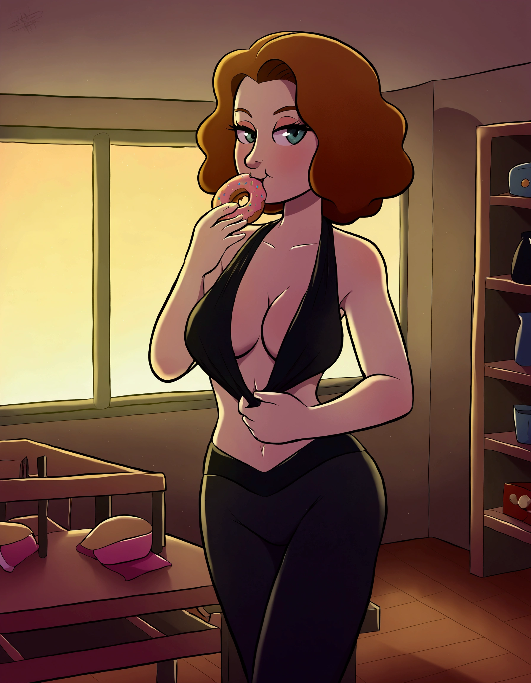 Marilyn Monroe, sexy outfit, eating a donut crumbs fallen on her breasts, morning sun. dining room with many large windows