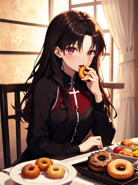 (Eating Donuts), (Dining background), Tohsaka Rin, (masterpiece), highest quality, 1girl, uhd, retina, masterpiece, ccurate, anatomically correct, textured skin, super detail, high details, high quality, best quality, highres, 4K