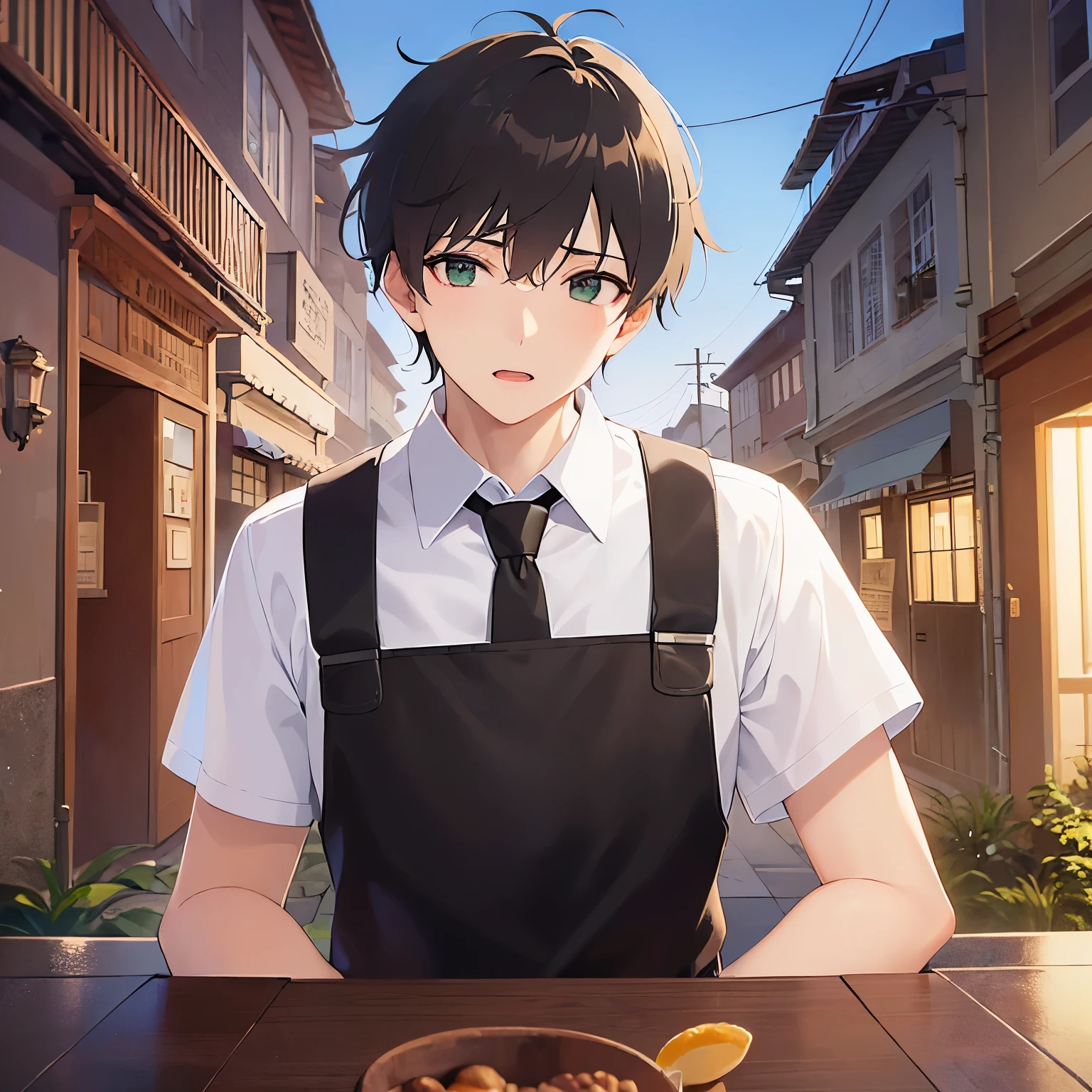 (looking away:1.5),upper body、open hands,
masterpiece、Highest quality、
BREAK (25-year-old male:1.5) and (Mahogany brown short hair) and (Green Eyes)
BREAK (white collared shirt) 、apron、
confused、open mouth,The background is a back alley at night、(Night Sky:1.5)、alone、Upper body is shown