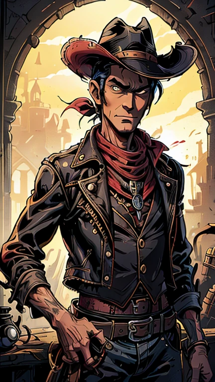 (1man, Lucky luke, yellow top, black jacket, jean, cowboy hat, red bandana), (extremely detailed CG unit 8k wallpaper),(master part), (best quality), (ultra detail), (best illustration),(melhor ombre), cowboy shot, (Sharp eyeliner, ombre, detail eyes:1), gothic horror style wild west saloon interiors background, ,break , (gothichorrorai), upper body, short hair, black hair