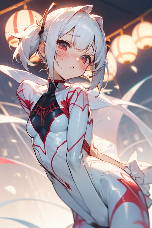 Short white hair, blush, (Spider Suit).Headbang 2.、(White clothes.Floral).Twin tails、sharp、(Summer festival)、