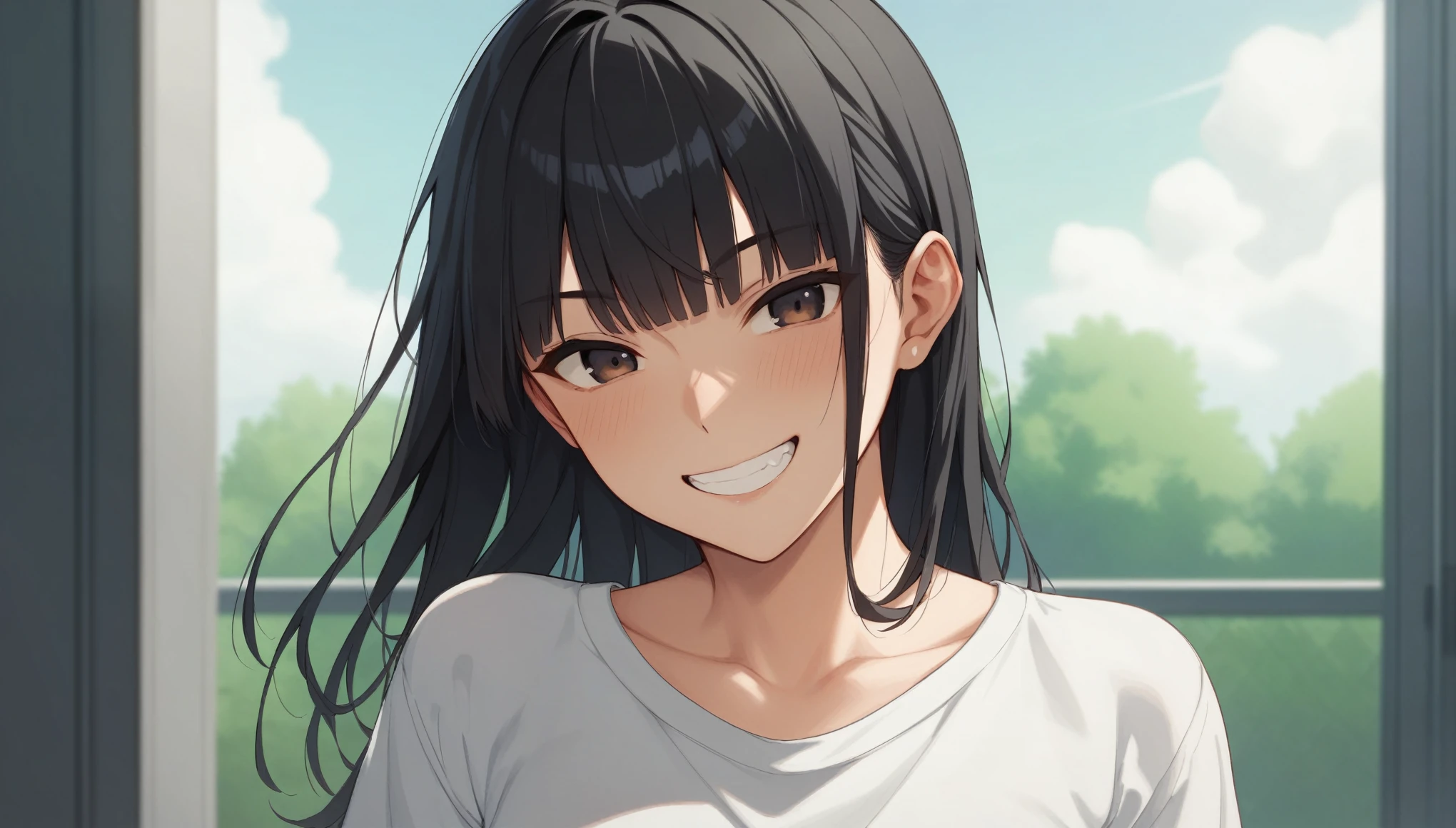 The wind is blowing、Hair gets messy、Strong winds、Hair fluttering、from the front、Only the face、high resolution、Tabletop、Summer sky、To the Cloud、White shirt、Hair between the eyes、blunt bangs、Black Hair、smile、Grin、