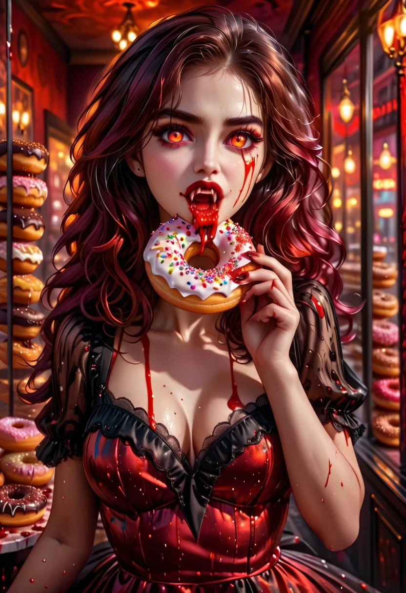 a portrait of a female vampire eating a bloody donut, an exotic exquisite beautiful female vampire, dynamic hair color, wavy hair, dynamic eyes color, (glowing  eyes: 1.3), intense eyes, wearing glamour silk dress, intricate detailed dress, dynamic color dress, dynamic style dress, (eating  a large donut soaked with blood: 1.3), blood dripping from the donut, dark fantasy pastry shop background,  vibrant, Ultra-high resolution, High Contrast, (masterpiece:1.5), highest quality, Best aesthetics), best details, best quality, highres, 16k, [ultra detailed], masterpiece, best quality, (extremely detailed) RAW, (ultra details, Masterpiece, best quality),   Dark Art Painting Style, Intense gaze, blood
