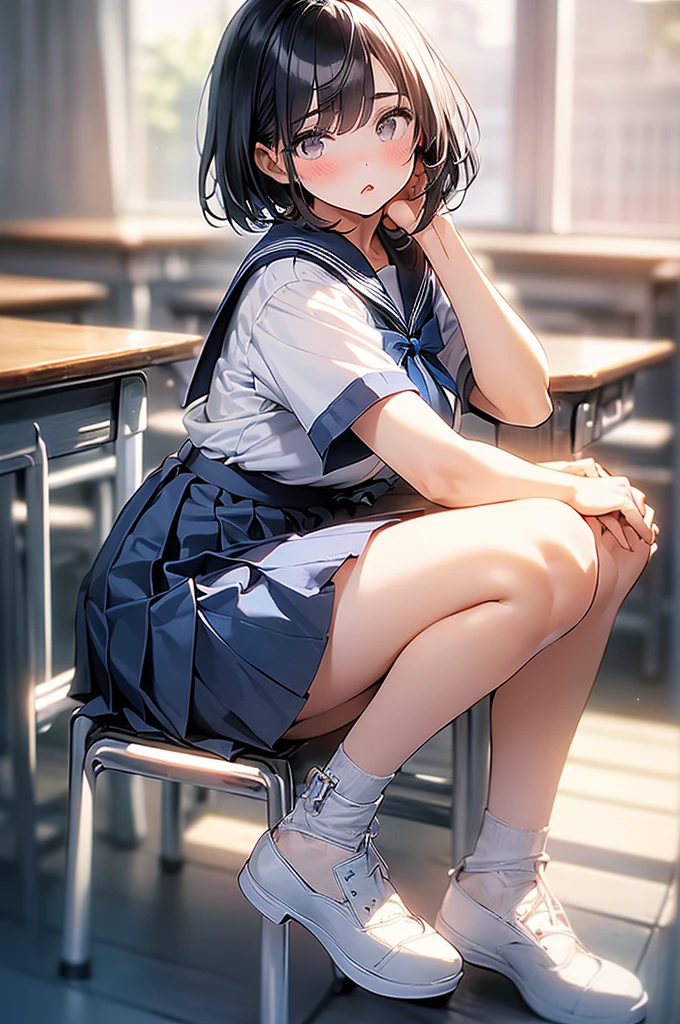 独奏、Mature adult woman、(Sailor suit summer uniform、Short-sleeved white shirt, dark blue pleated skirt, dark blue、Dark blue micro mini skirt dark blue、、Navy Blue Ribbon)、(Big Breasts、slim、Slimming、Muscular、Beautiful Abs、Bare thighs)、(Pure white panties、BREAK Panty Drop、Stand with your legs spread wide、Pussy、Pussyライン)、Dark Eyes、(Grown-up、I opened my mouth slightly、Sexy look、Blushing)、(Black Hair、Medium Bob)、high school、classroom、