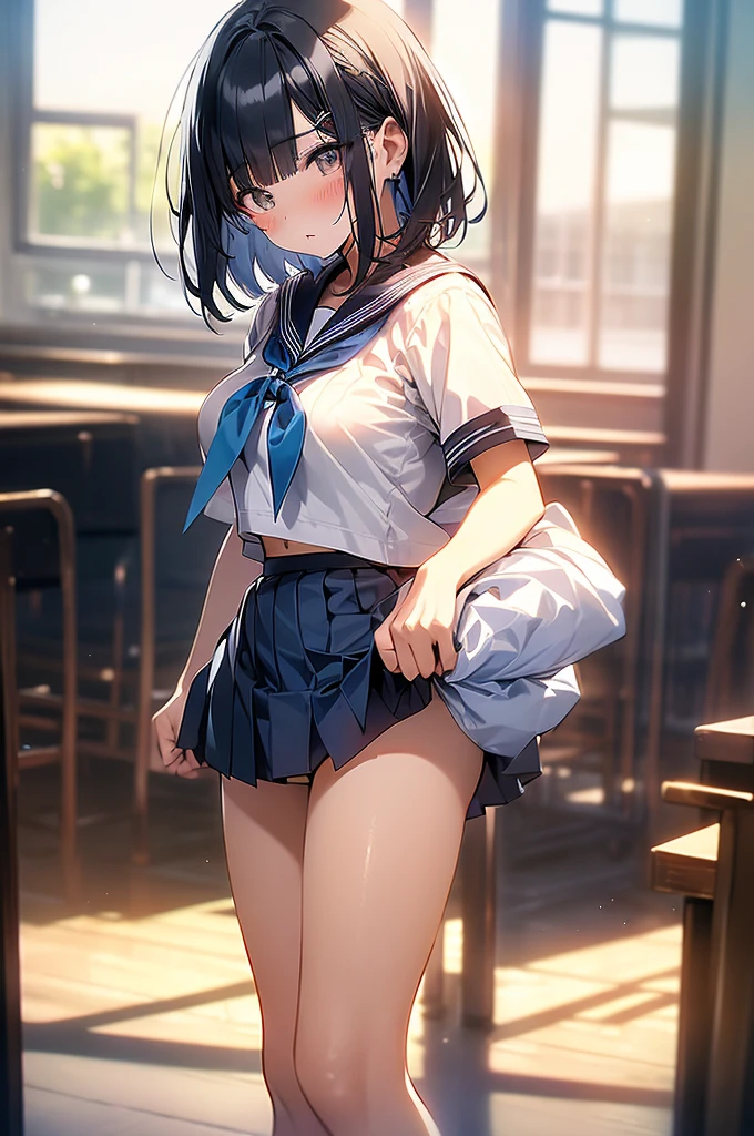 独奏、Mature adult woman、(Sailor suit summer uniform、Short-sleeved white shirt, dark blue pleated skirt, dark blue、Dark blue micro mini skirt dark blue、、Navy Blue Ribbon)、(Big Breasts、slim、Slimming、Muscular、Beautiful Abs、Bare thighs)、(Pure white panties、BREAK Panty Drop、Stand with your legs spread wide、Pussy、Pussyライン)、Dark Eyes、(Grown-up、I opened my mouth slightly、Sexy look、Blushing)、(Black Hair、Medium Bob)、high school、classroom、