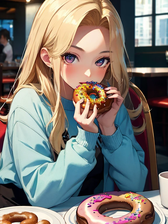 (Eating Donuts), (Dining background), Android 18, (masterpiece), highest quality, 1girl, uhd, retina, masterpiece, ccurate, anatomically correct, textured skin, super detail, high details, high quality, best quality, highres, 4K