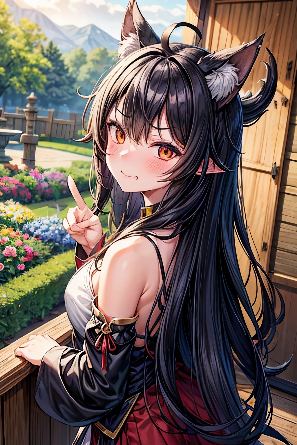black hair, messy hair, bell, dragon horns, glaring, happy, wolf ears, light smiling, slighty surprised, embarrassed, blush, tsundere, drooling, cowboy shot, from back, peace sign hands, garden, 8k, masterpiece