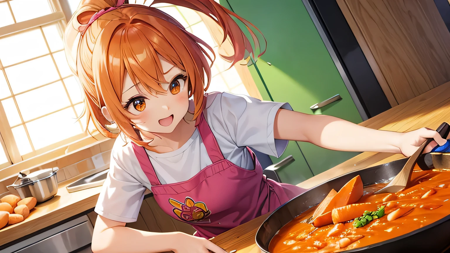 A bright and cheerful cel-shaded anime-style illustration with bold outlines and vivid colors, in a 16:9 aspect ratio. The main character is a girl in the middle of making curry, appearing to be in a playful panic as the curry spills. The background is a well-lit, cheerful kitchen. The curry is in a large plate with ingredients such as potatoes, carrots, and onions. The girl is holding a brown wooden spatula and it is dipped into the curry.