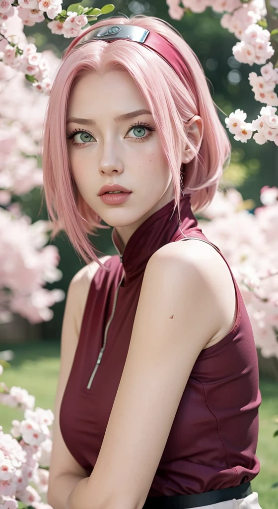 young woman, porcelain skin, long bubblegum pink hair, big pink lips, big emerald green eyes, pink eyebrows, red clothes, Sakura Haruno, 3d, realism, 8k