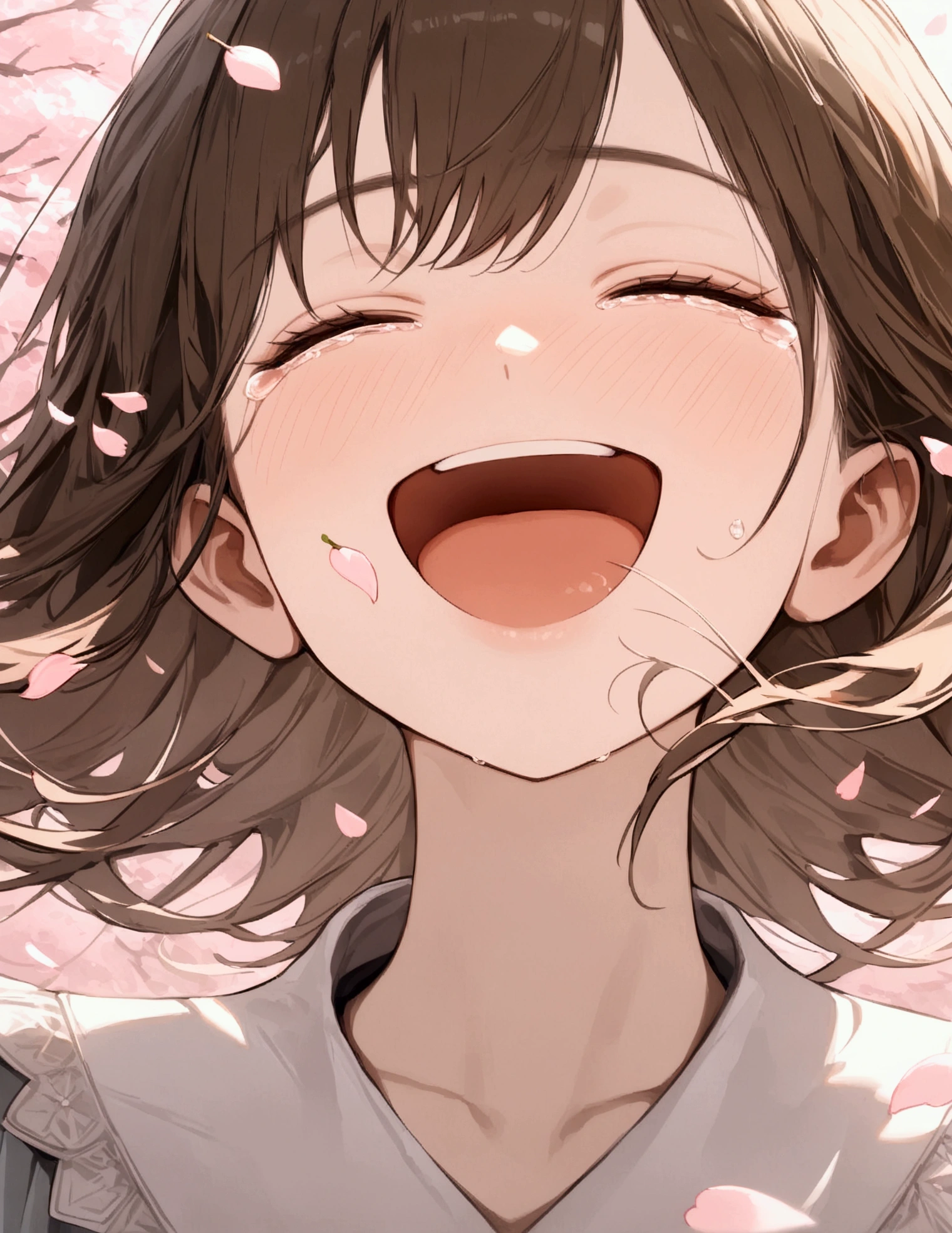 (uhd), (masterpiece:1.2), best quality, highres, award winning, high details,(Very absurd:1.2),4K quality,8K quality,Beautiful work、((hazy))、(Pale colors),from front、focus on face、Infectious laughter、Tears of joy、Smile and cry、antenna hair,Close ~ eyes,Light Pink Background,((Cherry blossom petals falling))、Say goodbye with a smile