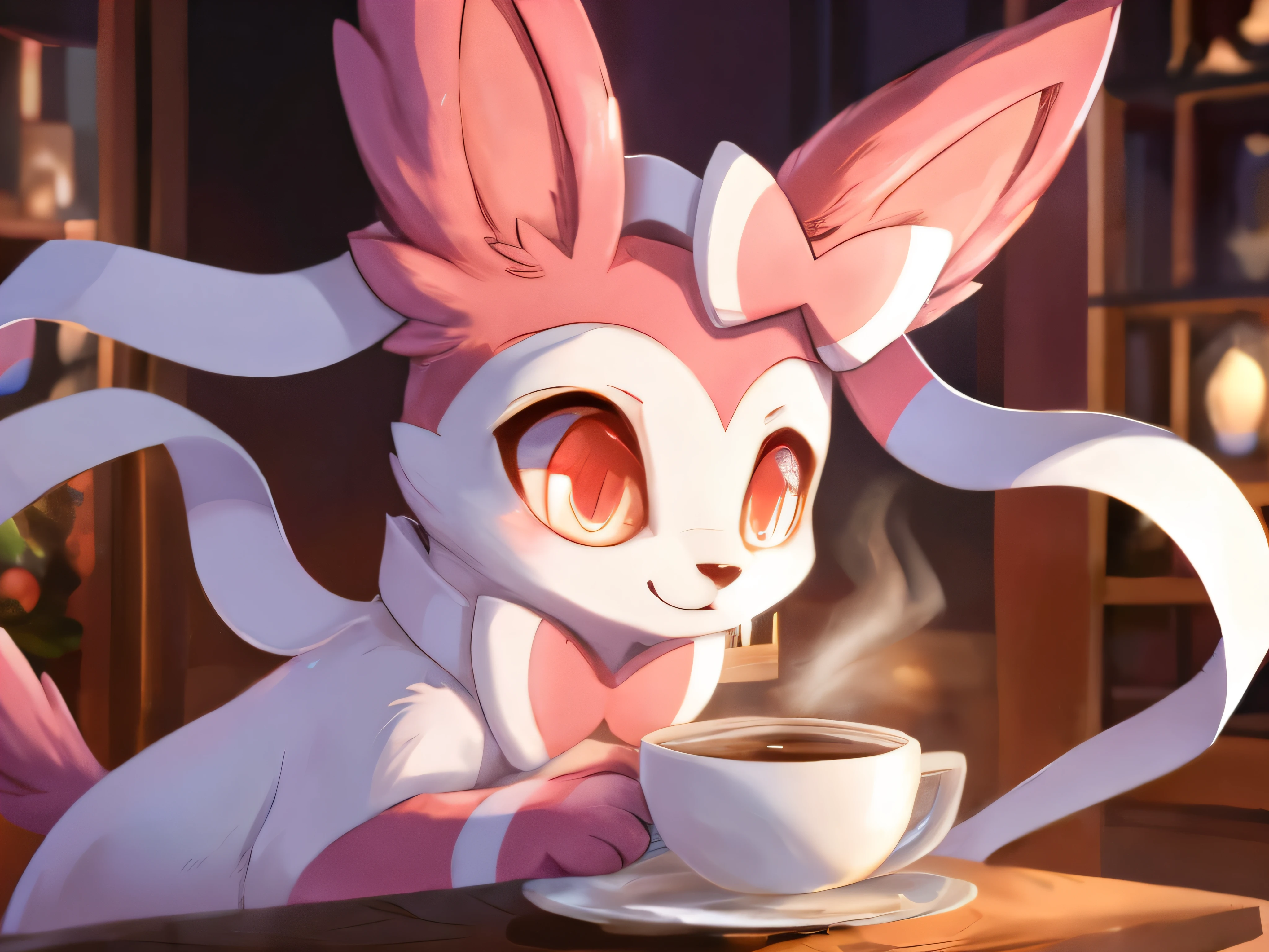 A feral Sylveon drinking a cup of coffee with long ribbons of glowing red eyes