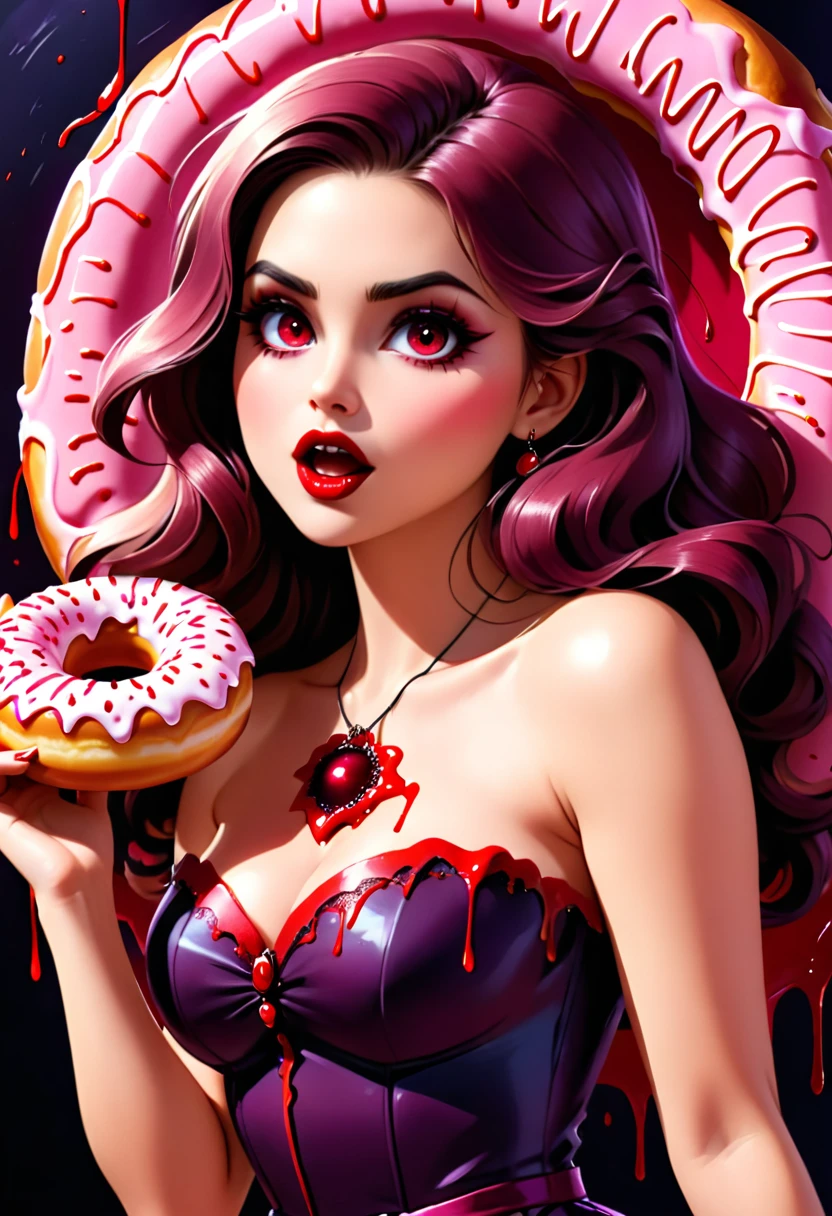 a portrait of a female vampire eating a (bloody donut: 1.3), an exotic exquisite beautiful female vampire, dynamic hair color, wavy hair, dynamic eyes color, (glowing  eyes: 1.1), intense eyes, wearing glamour silk dress, intricate detailed dress, dynamic color dress, dynamic style dress, (eating  a large donut soaked with blood: 1.3), blood dripping from the donut, dark fantasy pastry shop background,  vibrant, Ultra-high resolution, High Contrast, (masterpiece:1.5), highest quality, Best aesthetics), best details, best quality, highres, 16k, [ultra detailed], masterpiece, best quality, (extremely detailed) RAW, (ultra details, Masterpiece, best quality),   Dark Art Painting Style, Intense gaze, blood, Cinematic Hollywood Film
