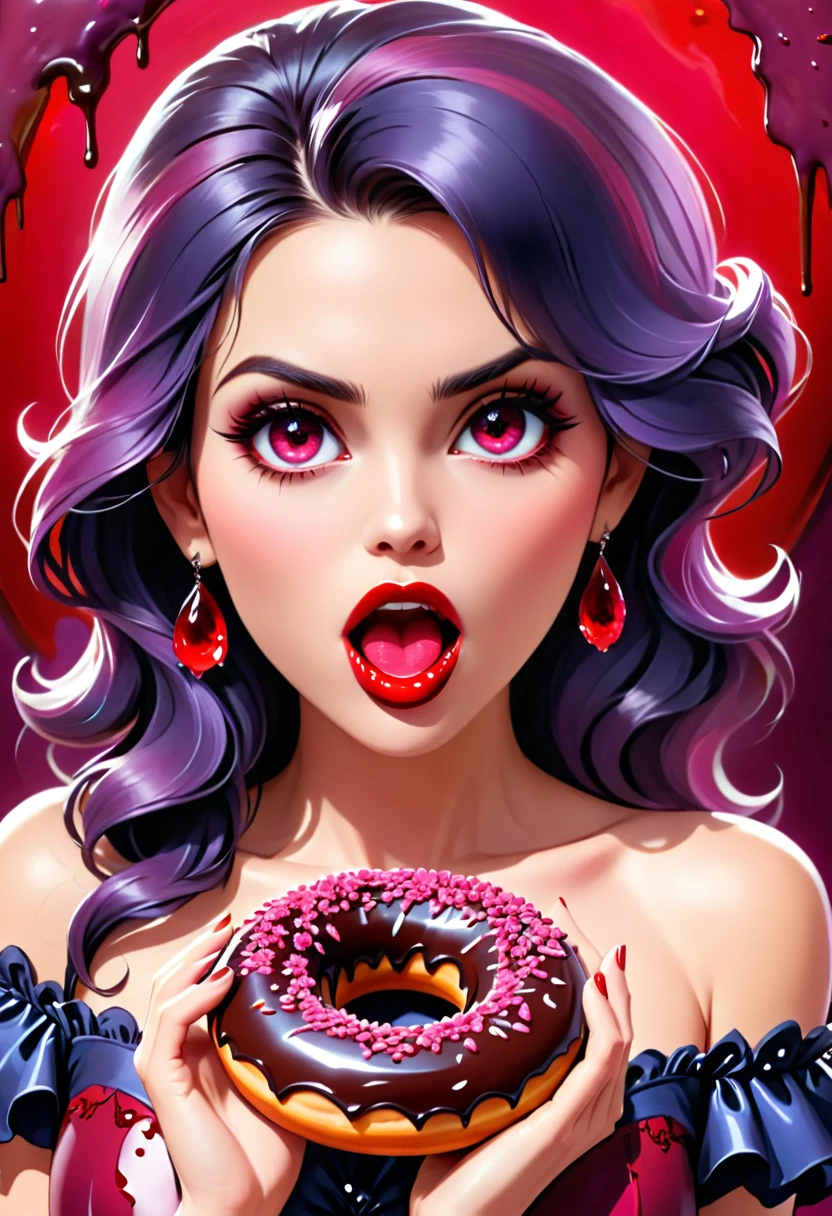 a portrait of a female vampire eating a (bloody donut: 1.3), an exotic exquisite beautiful female vampire, dynamic hair color, wavy hair, dynamic eyes color, (glowing  eyes: 1.1), intense eyes, wearing glamour silk dress, intricate detailed dress, dynamic color dress, dynamic style dress, (eating  a large donut soaked with blood: 1.3), blood dripping from the donut, dark fantasy pastry shop background,  vibrant, Ultra-high resolution, High Contrast, (masterpiece:1.5), highest quality, Best aesthetics), best details, best quality, highres, 16k, [ultra detailed], masterpiece, best quality, (extremely detailed) RAW, (ultra details, Masterpiece, best quality),   Dark Art Painting Style, Intense gaze, blood, Cinematic Hollywood Film
