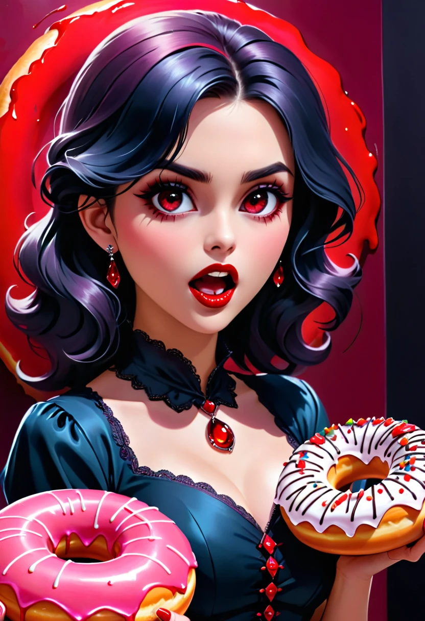 a portrait of a female vampire eating a (bloody donut: 1.3), an exotic exquisite beautiful female vampire, dynamic hair color, wavy hair, dynamic eyes color, (glowing  eyes: 1.1), intense eyes, wearing glamour silk dress, intricate detailed dress, dynamic color dress, dynamic style dress, (eating  a large donut soaked with blood: 1.3), blood dripping from the donut, dark fantasy pastry shop background,  vibrant, Ultra-high resolution, High Contrast, (masterpiece:1.5), highest quality, Best aesthetics), best details, best quality, highres, 16k, [ultra detailed], masterpiece, best quality, (extremely detailed) RAW, (ultra details, Masterpiece, best quality),   Dark Art Painting Style, Intense gaze, blood, Cinematic Hollywood Film
