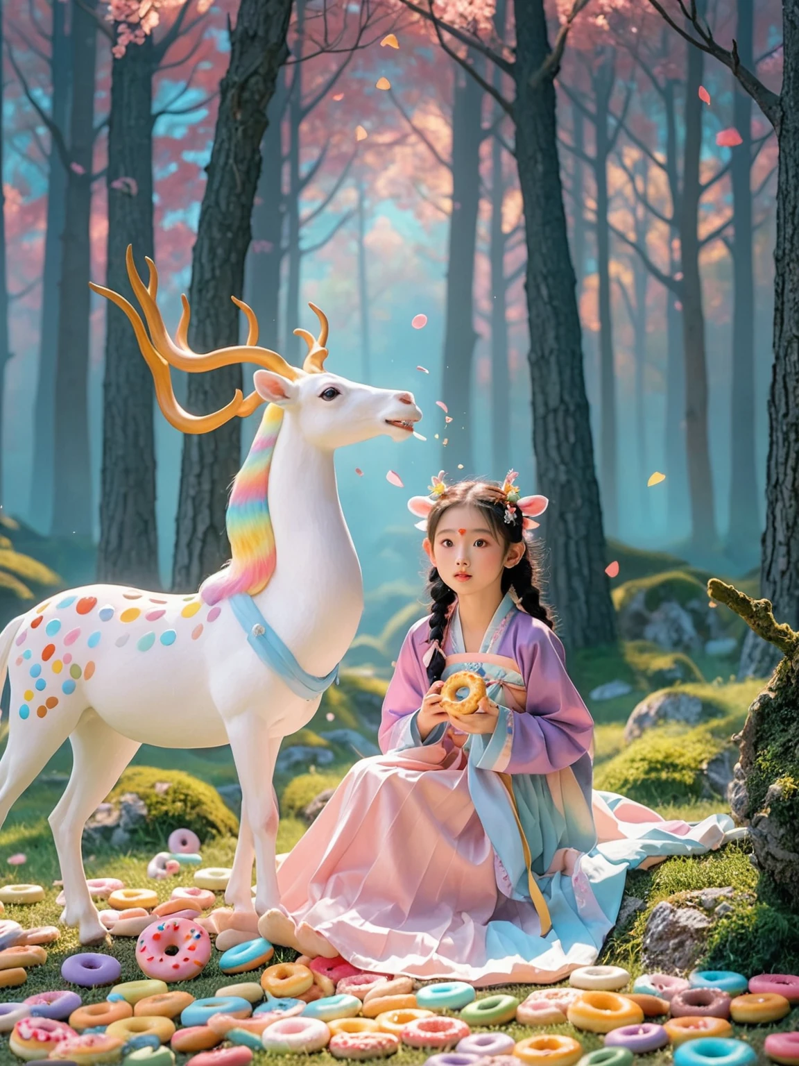Surreal photos,Nine-Colored Deer Guardian,High-resolution photos,The beautiful nine-colored deer in mythology,A peaceful and dreamy scene,A little girl in Hanfu sits next to a mysterious nine-colored deer,(((Eating donuts))),Donut crumbs fell on the ground,Bitten donut,Detailed donut eating action,The little girl is very cute,Detailed facial details,The background is a magical forest full of spirituality,Create a soft and ethereal atmosphere。The overall composition is beautiful