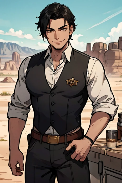 A muscular black haired man with green eyes in a sheriff's outfit is making coffee in the desert of a wild west town with a  smile