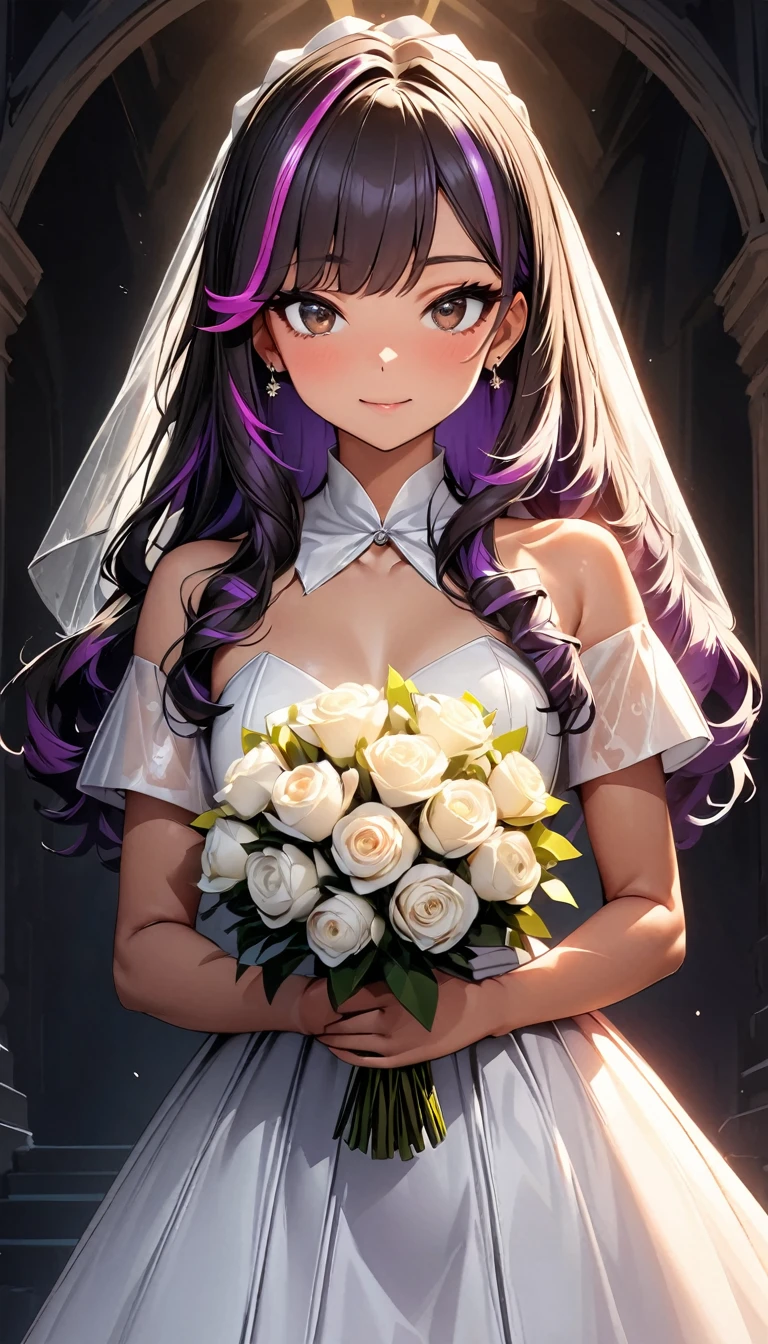 (highest quality:1.2, Very detailed, up to date, Vibrant, Ultra-high resolution, High Contrast, masterpiece:1.2, highest quality, Best aesthetics), Portraiture、girl、((25-years-old:1)), princess line wedding dress, wedding veil, (holding white bouquet), Bright colors、Beautiful fine details、Beautiful lip detail, long hair、black and purple ((streaked hair:1.6)), highlights hair: 1.5, brown eyes, gold earrings, ((slim body:1.4)), (small breast:0.7), (dark skin:0.5)), inside the charch, spot light, (cowboy shot:1.5),
