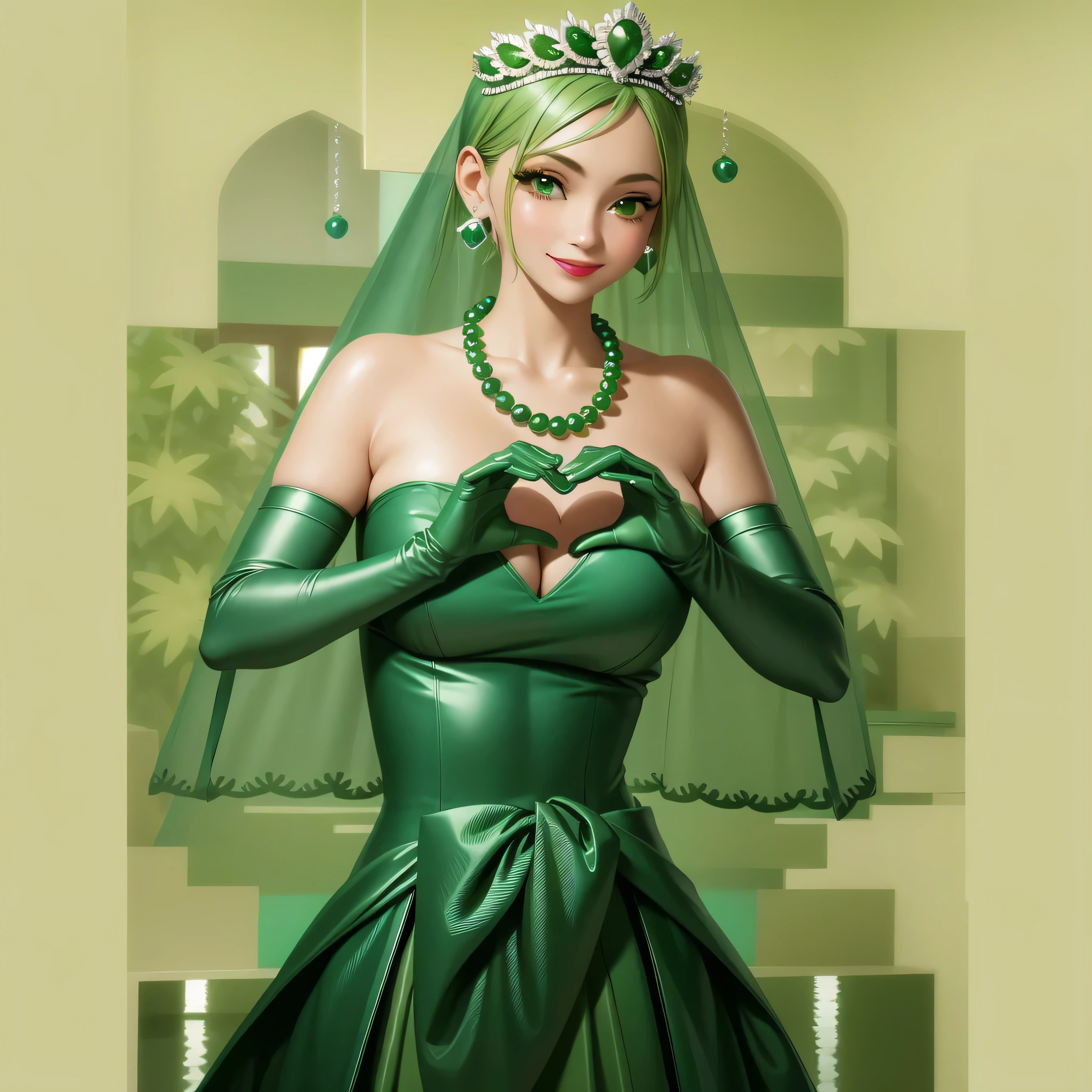 Emerald tiara, Green Pearl Necklace, Boyish very short green hair, Green Lips, Smiling Japanese woman, Very short hair, Busty beautiful lady, Green Eyes, Green satin long gloves, Green Eyes, Emerald Earrings, Green veil, Heart with both hands, Green Hair, Beautiful Japanese Woman, Heart shaped hands:1.3, green lip gloss