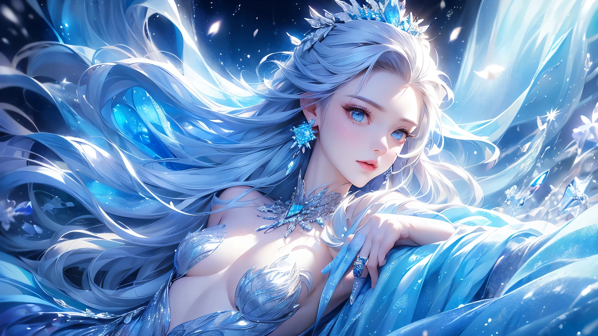 (2/3 body photo:1.5)wood, Exquisite mini ice spikes and crystals, Frozen waterfall in the background, Light reflected by ice crystals, Flowing snowflakes.1 girl, Beautiful woman、pretty girl,A realistic person,Beautiful cleavage,((small breasts))