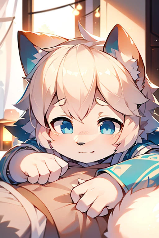 （(shy)），short white haired,( big blue eyes),anthropomorphic sitting furry little wolf,((full body furry)), cute,(head bust close-up),Beautiful lights and shadows,delicate eyes,were white skirt，8k, highres, masterpiece, usharp focus, extreme detail description, professional, vivid colors, bokeh