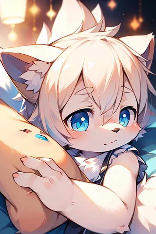 （(shy)），short white haired,( big blue eyes),anthropomorphic sitting furry little wolf,((full body furry)), cute,(head bust close-up),Beautiful lights and shadows,delicate eyes,were white skirt，8k, highres, masterpiece, usharp focus, extreme detail description, professional, vivid colors, bokeh