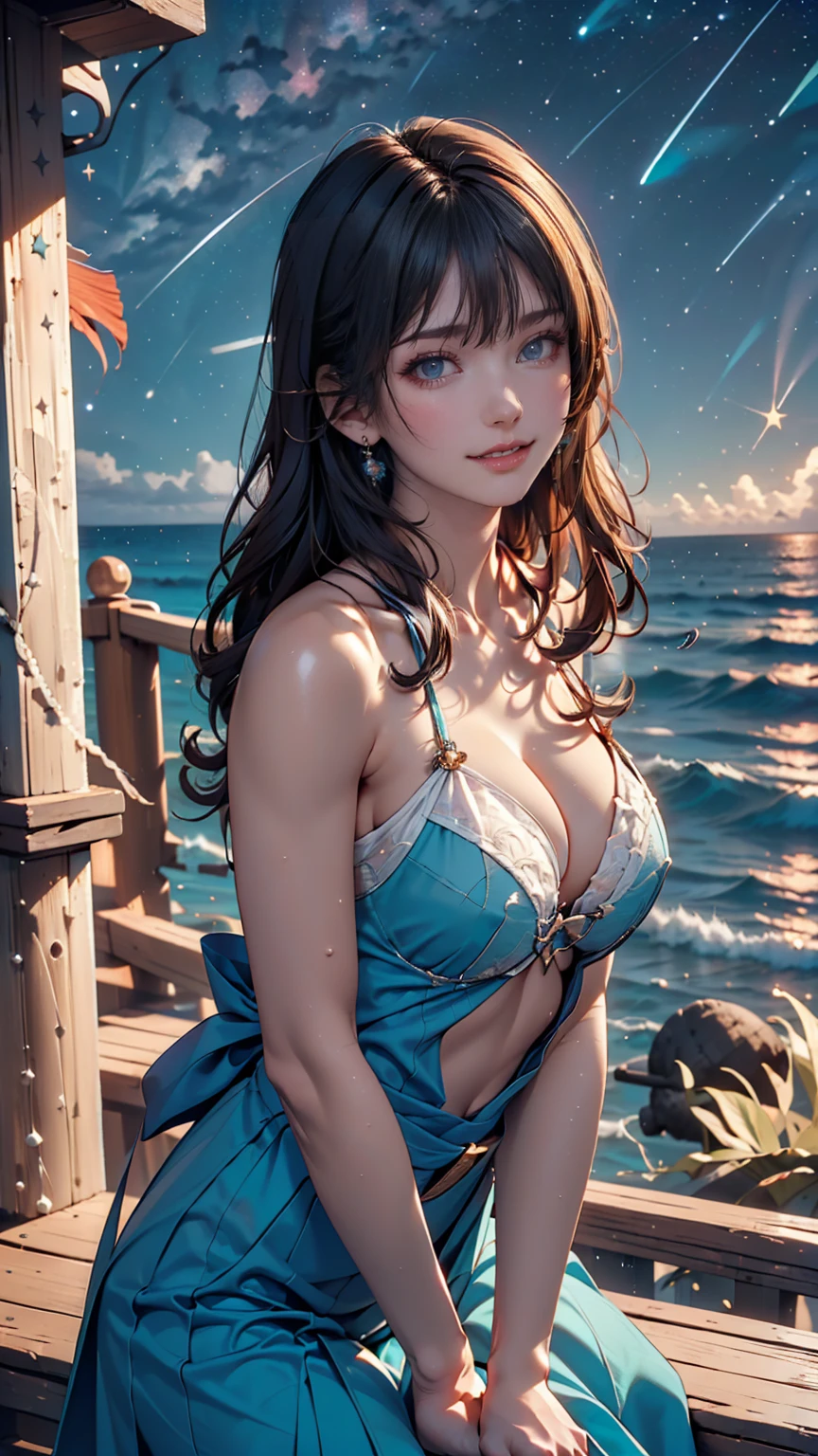 ((masterpiece,Highest quality, detailed)), Cowboy Shot, (One girl:1.2), alone, (Captivating smile:1.3), chest, Are standing, View your viewers, (Ocean:1.3),(Starry Sky:1.3) , 、Sexy proportions、Narrow waist、Vertical roll on one side((side drill))