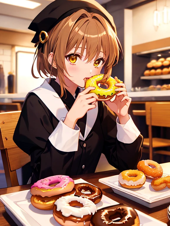 (Eating Donuts), (Dining background), Card Captor Sakura_Sakura Kinomoto, uhd, retina, masterpiece, ccurate, anatomically correct, textured skin, super detail, high details, high quality, best quality, highres, 4K