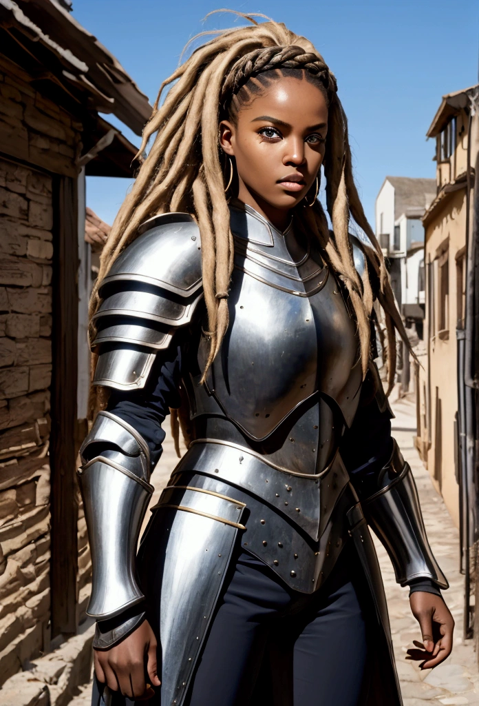18 year old black woman、Beauty、Blonde、Blonde、Warrior in armor、Exposed Armor、Dreadlocks、background　Medieval port town、high resolution